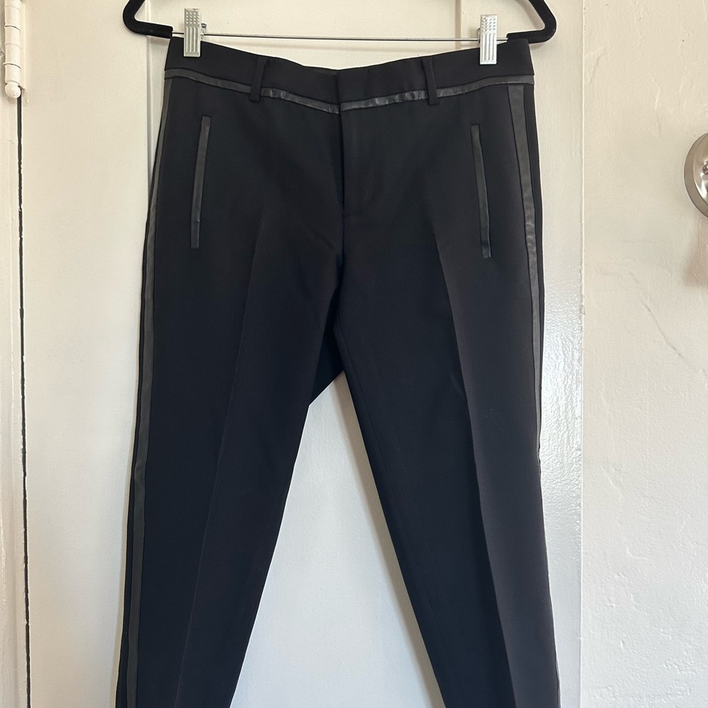 Vince: wool tapered black slacks with leather trimming, zippered trim pockets